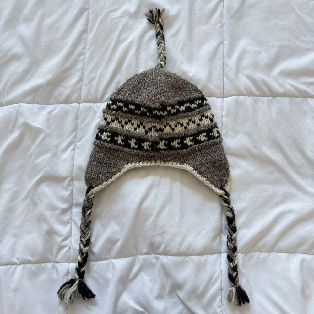 Beanie Ear Flap Hat 100% Wool Gray Fair Isle Fleece Lined Winter Fall